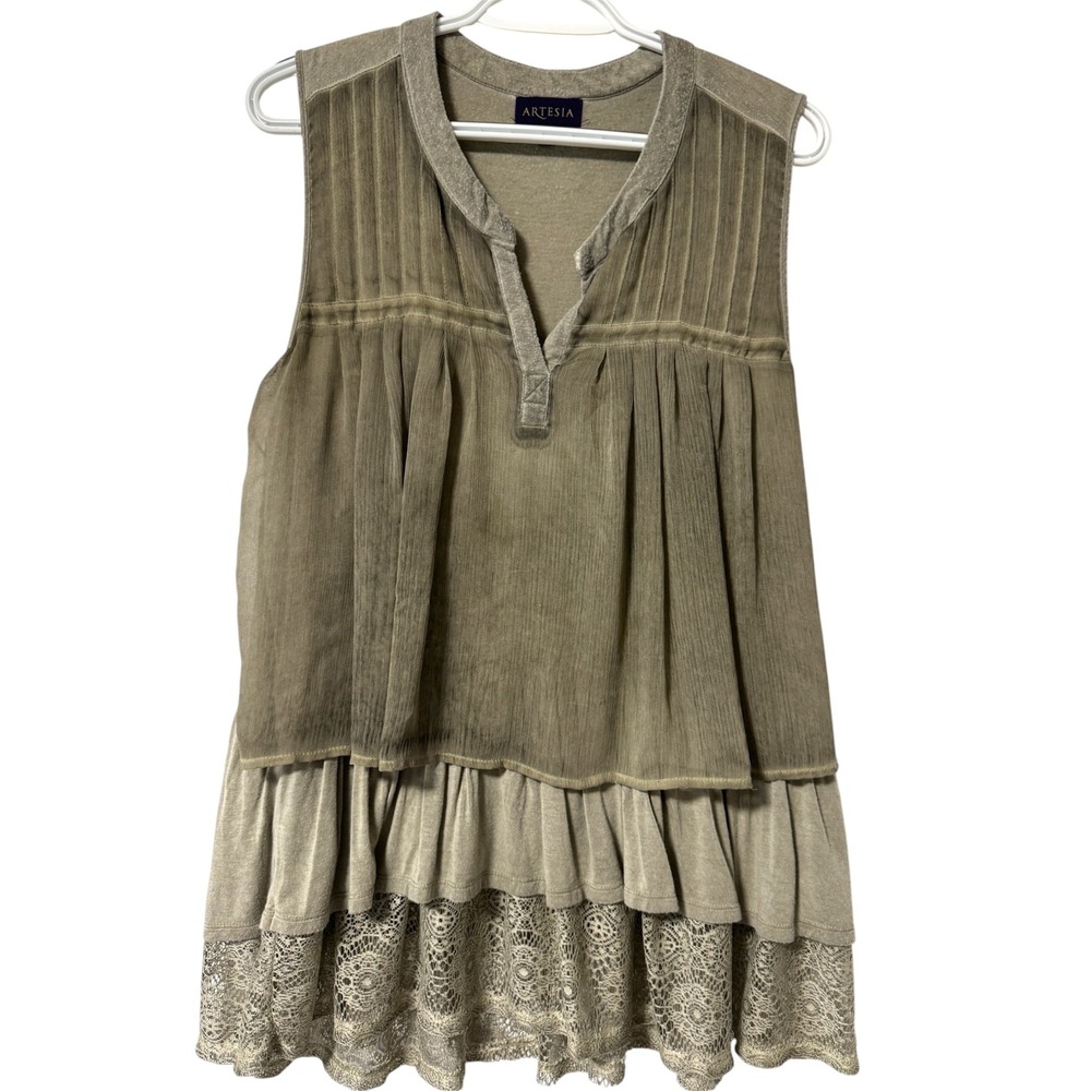 Artesia Boho Tiered Tunic Top Layered Olive Green Lace Hem Sleeveless M